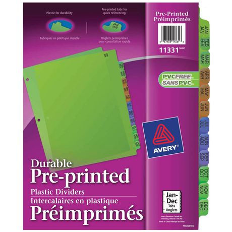 Plastic Preprinted Jan-Dec Tab Dividers